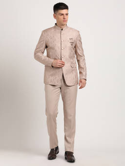 Turtle - Men Terry Rayon Mandarin Collar Regular Fit Beige Pary Blazer with Pant (Set of 2)