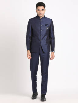 Turtle - Men Terry Rayon Mandarin Collar Regular Fit Blue Pary Blazer with Pant (Set of 2)