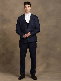 Turtle - Men Terry Rayon Checkered Navy Blue Party Blazer with Waistcoat & Pant (Set of 3)