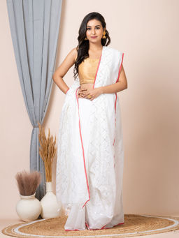 LAA CALCUTTA - White and Gold All Over Work Sequin Saree with Unstitched Blouse