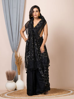 LAA CALCUTTA - Black and Gold All Over Work Sequin Saree with Unstitched Blouse