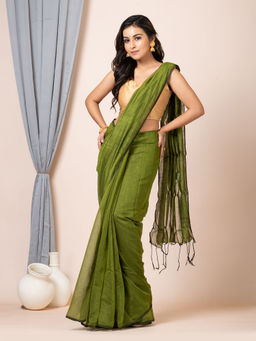 LAA CALCUTTA - Olive and Gold Sequine Saree with Unstitched Blouse