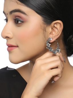 VIRAASI - Silver Oxidised Floral Hoop Earrings for Women and Girls