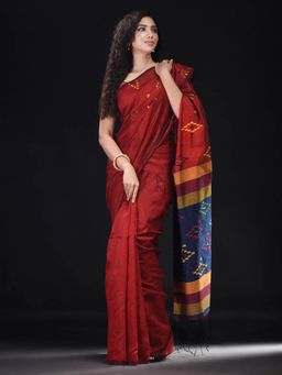 Beatitude - Red Blended Cotton Woven Saree with Unstitched Blouse
