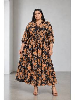 Beyond the Curve - VIRGIO - BlackFloral Print Viscose Tiered Shirt Plus Size Dress