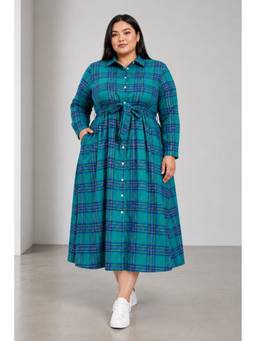 Beyond the Curve - VIRGIO - TealChecked Cotton Fit Flare Shirt Plus Size Dress