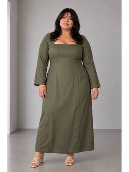Beyond the Curve - VIRGIO - OliveSolid Tencil Aline Plus Size Dress