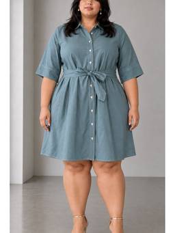 Beyond the Curve - VIRGIO - TealSolid Cotton Contrast Stitch Plus Size Dress