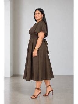 Beyond the Curve - VIRGIO - OliveSolid Cotton Fit Flared Plus Size Dress