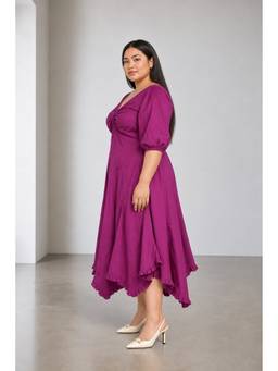 Beyond the Curve - VIRGIO - PurpleSolid Cotton Twist Front Plus Size Dress