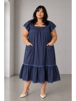 Beyond the Curve - VIRGIO - BlueSolid Cotton Tiered Plus Size Dress