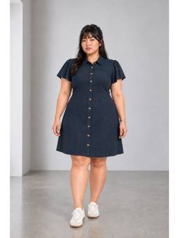 Beyond the Curve - VIRGIO - BlueSolid Viscose Aline Shirt Plus Size Dress
