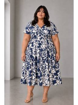 Beyond the Curve - VIRGIO - BlueFloral Print Viscose Fit Flare Plus Size Dress