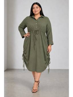 Beyond the Curve - VIRGIO - GreenSolid Cotton Shirt Plus Size Dress With Side Gather