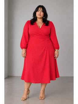 Beyond the Curve - VIRGIO - RedSolid Viscose Wrap Style Plus Size Dress