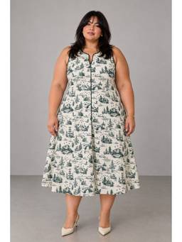 Beyond the Curve - VIRGIO - WhiteToile Print Viscose Aline Plus Size Dress