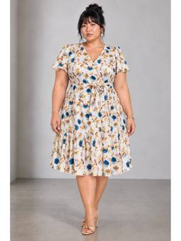 Beyond the Curve - VIRGIO - WhiteFloral Viscose Tiered Plus Size Dress With Waist Tie
