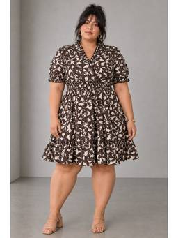 Beyond the Curve - VIRGIO - BrownAnstract Print Viscose Fit Flare Plus Size Dress