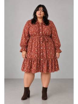Beyond the Curve - VIRGIO - RustDitsy Floral Cotton Puff Sleeve Shirt Plus Size Dress