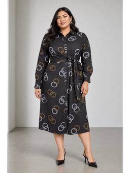 Beyond the Curve - VIRGIO - BlackGeometric Cotton Plus Size Dress With Tie Up