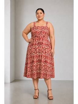 Beyond the Curve - VIRGIO - CoralIkat Print Cotton Plus Size Dress