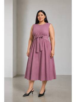 Beyond the Curve - VIRGIO - MauveSolid Cotton Side Tie Up Plus Size Dress