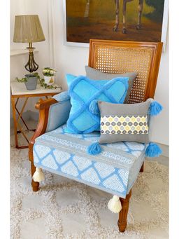 THROW PILLOW - Grey Blue Geometric With White Corner Tassel Sofa Cover