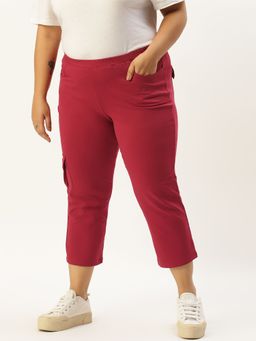 theRebelinme - Plus Size Womens Maroon Solid Color Straight Fit Knitted Capri