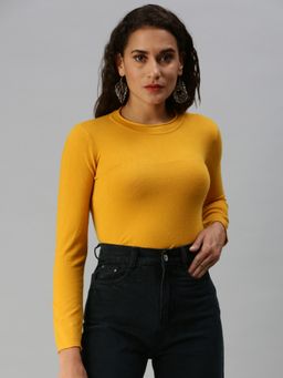SHOWOFFFF - Women Round Neck Solid Mustard Regular Top