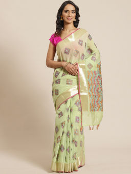 Indethnic - Banarasi Green Woven Design Work Wear Saree With Unstitched Blouse