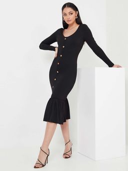 Styli - Black Long Sleeves V Neck Bodycon Midi Dress With Button Detail