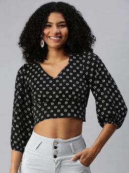 SHOWOFF - Women V-Neck Balloon Sleeves Printed Black Crop Top