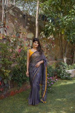 HOUSE OF JAMOTI - Navy Blue Viscos Saree with Unstitched Blouse