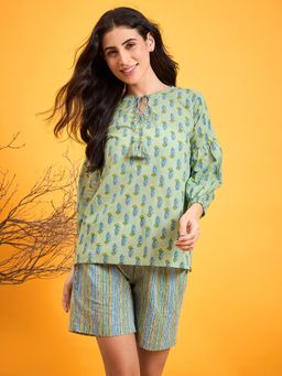 The Kaftan Company - Green Cotton Block Printed Shorts and Top (Set of 2)