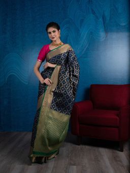 Beatitude - Blue Green Zari Silk Blend Patola Saree with Unstitched Blouse
