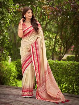 Manohari - Trendy Banarasi Satin Silk Woven Beige Saree with Unstitched Blouse