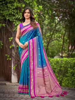 Manohari - Trendy Banarasi Satin Silk Woven Teal Saree with Unstitched Blouse