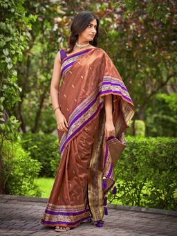 Manohari - Trendy Banarasi Satin Silk Woven Brown Saree with Unstitched Blouse