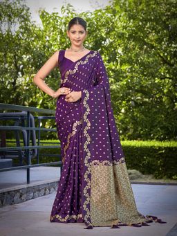 Manohari - Trendy Banarasi Satin Silk Woven Purple Saree with Unstitched Blouse