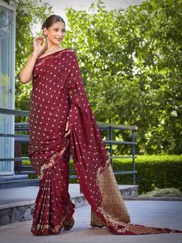 Manohari - Trendy Banarasi Satin Silk Woven Maroon Saree with Unstitched Blouse