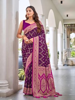 Manohari - Trendy Banarasi Satin Silk Woven Purple Saree with Unstitched Blouse