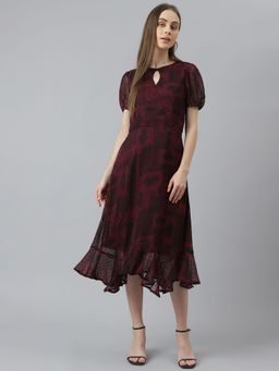 Latin Quarters - Women Midi Length Maroon Color Printed Dress