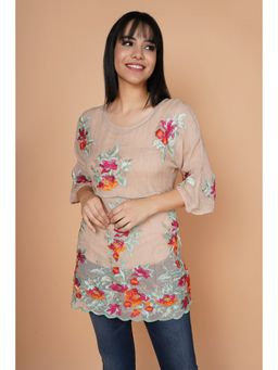 HOUSE OF S - Beige Floral Embroidered Scallop Hem Top