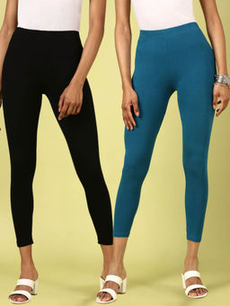 De Moza - Black & Teal Ankle Length Solid Cotton Leggings (Pack of 2)