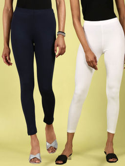 De Moza - Dark Navy Blue & White Ankle Length Solid Cotton Leggings (Pack of 2)
