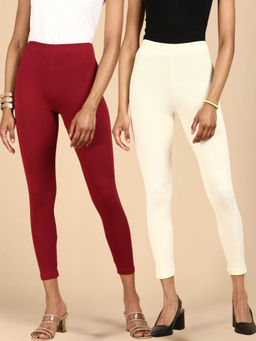 De Moza - Ecru & Maroon Ankle Length Solid Cotton Leggings (Pack of 2)