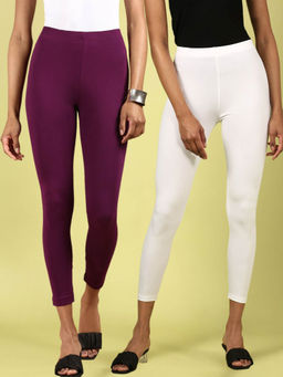 De Moza - White & Dark Purple Ankle Length Solid Cotton Leggings (Pack of 2)
