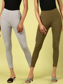 De Moza - Olive Green & Light Grey Ankle Length Solid Cotton Leggings (Pack of 2)