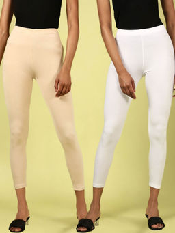 De Moza - White & Beige Ankle Length Solid Cotton Leggings (Pack of 2)