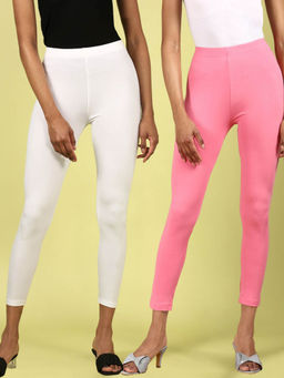 De Moza - Rani Pink & White Ankle Length Solid Cotton Leggings (Pack of 2)